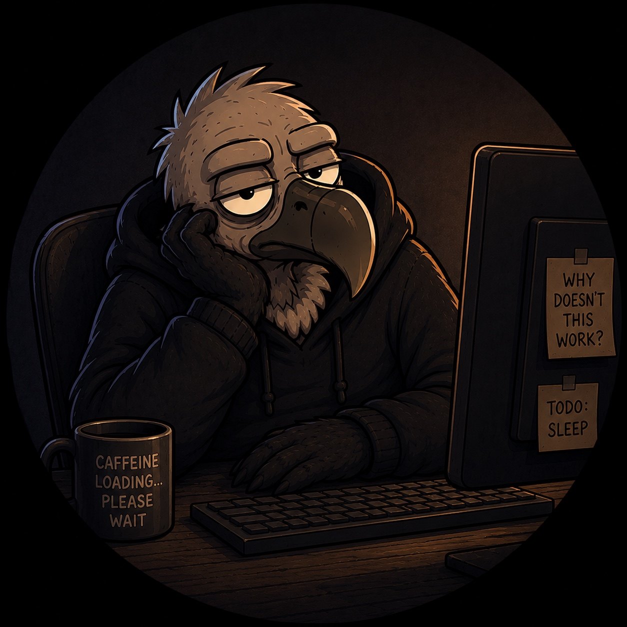 Restless Vulture coding late at a computer